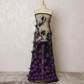 Dramatic Black and Purple Embroidered Nylon Tulle Fabric, 140 cm Wide â€“ Luxurious Floral with Feather Accents-D19242