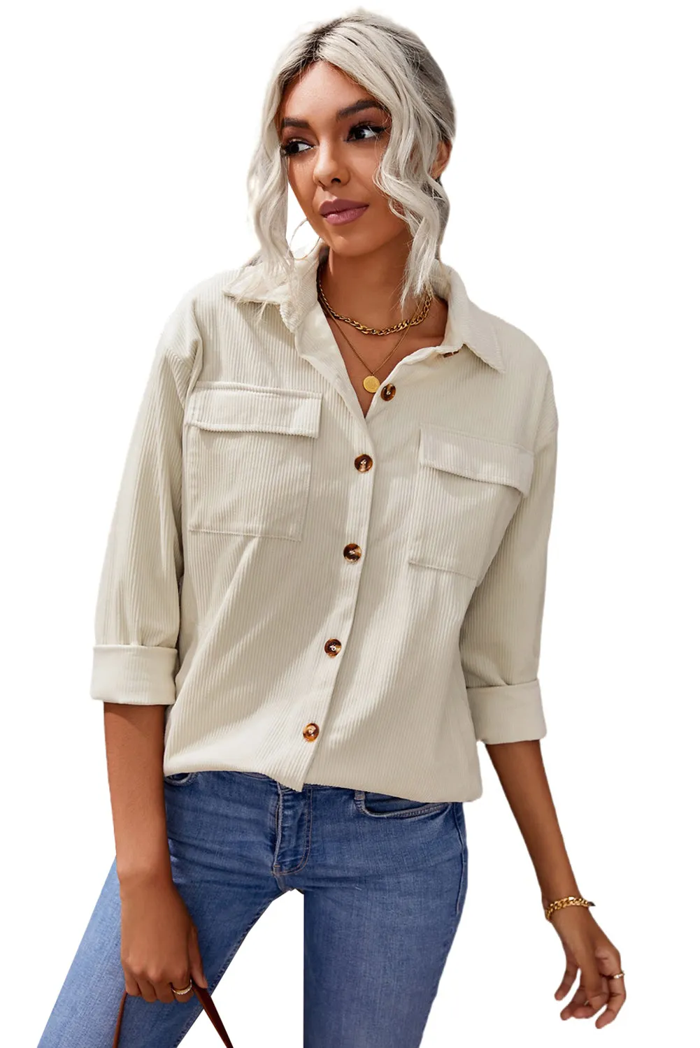 💀💎 Beige Button Up Patch Pocket Corduroy Jacket – Your New Favorite Layer of Sass 💋