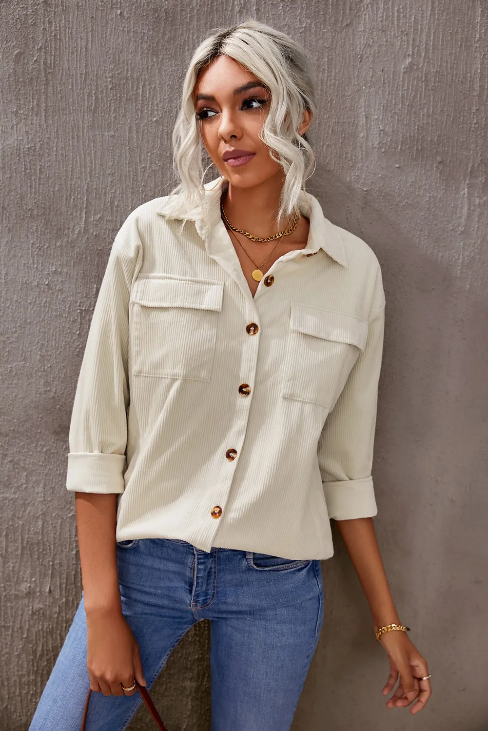 💀💎 Beige Button Up Patch Pocket Corduroy Jacket – Your New Favorite Layer of Sass 💋