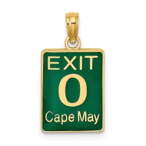 14K Yellow Gold Polished Green Enameled Finish 0 CAPE MAY EXIT Sign Charm Pendant