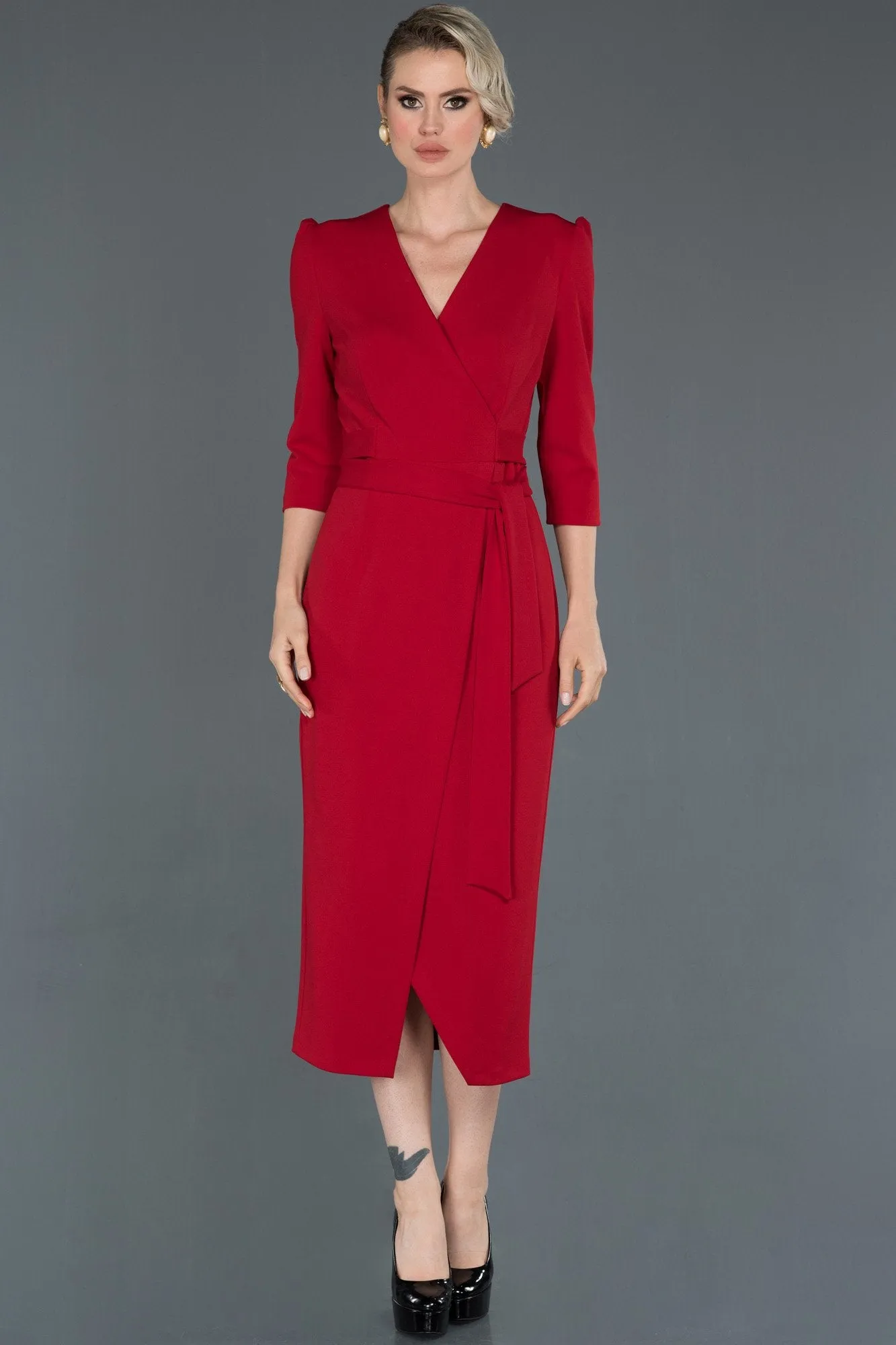 16617 Red Midi Wrap Dress