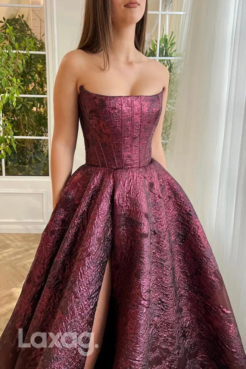 16709 -  A Line Strapless High Split Burgundy Formal Prom Dress with Pockets