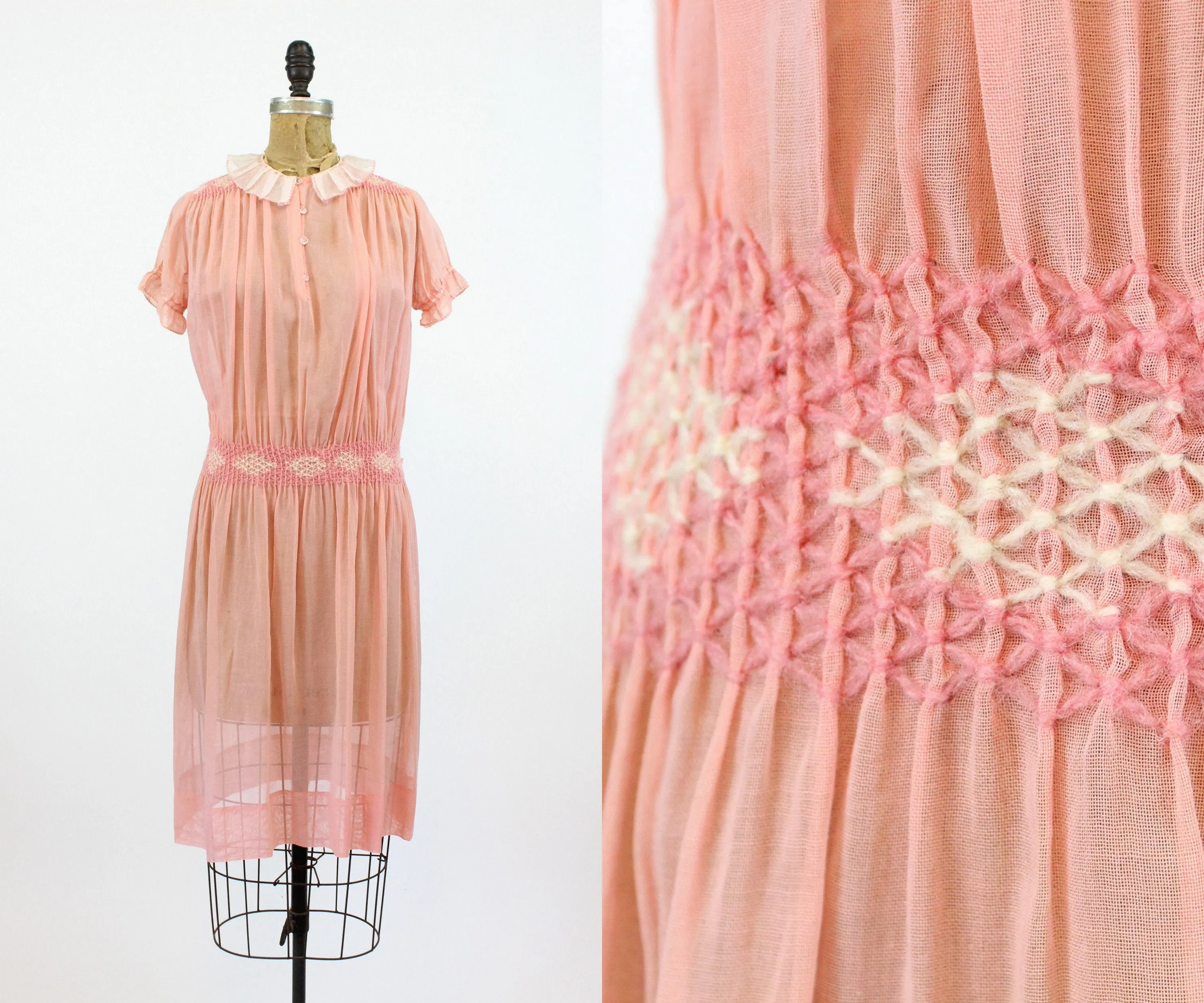 1920s cotton day dress smocked xs small | new spring