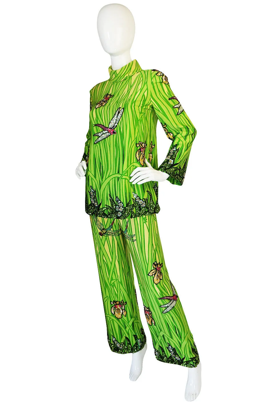 1960s Micheal Novarese Sequin Dragonfly & Flowers Silk Pant Suit