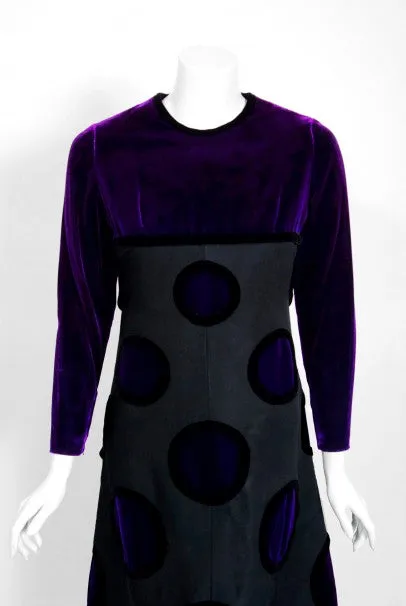 1970 Pierre Balmain Haute-Couture Purple Velvet Graphic Mod Evening Gown & Cape