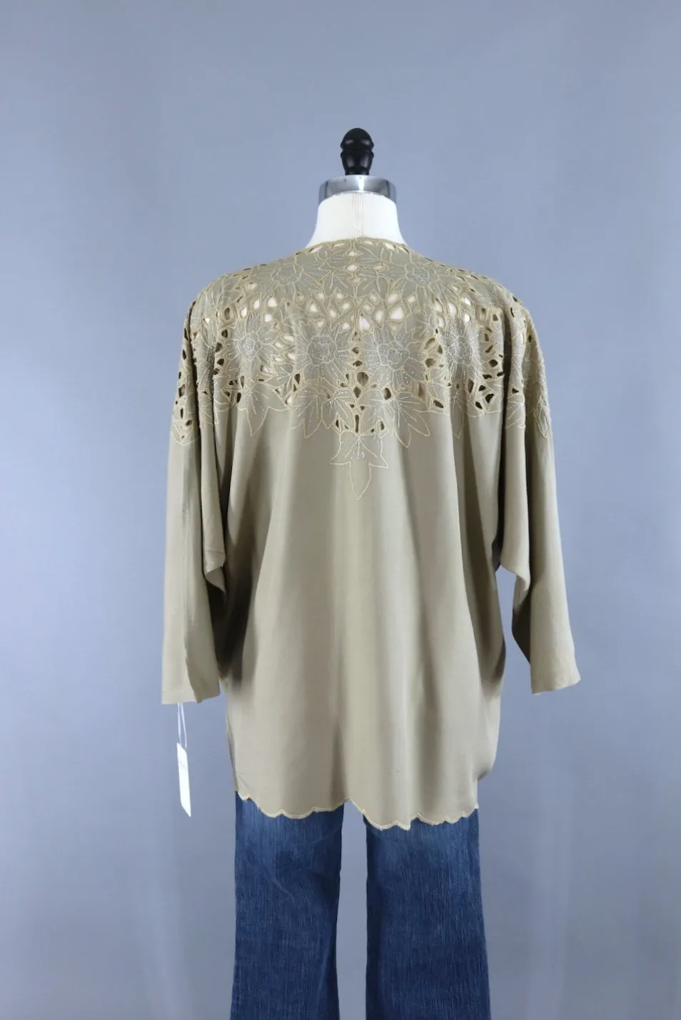 1980s Vintage Kimono Cardigan / Tan Bali Style Cutwork