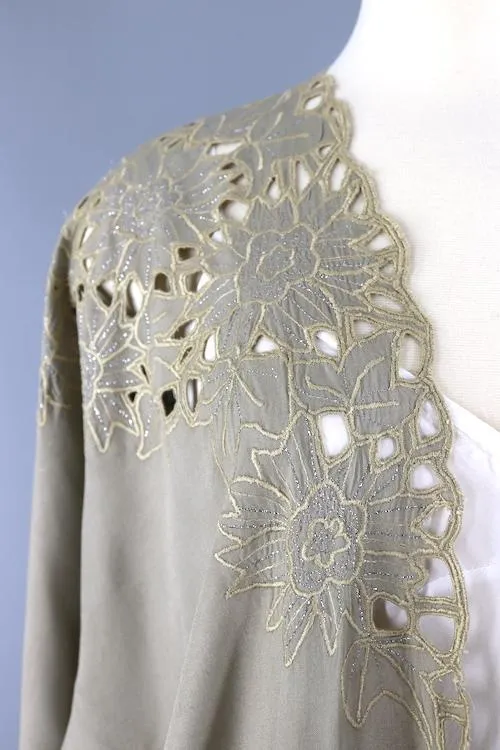 1980s Vintage Kimono Cardigan / Tan Bali Style Cutwork