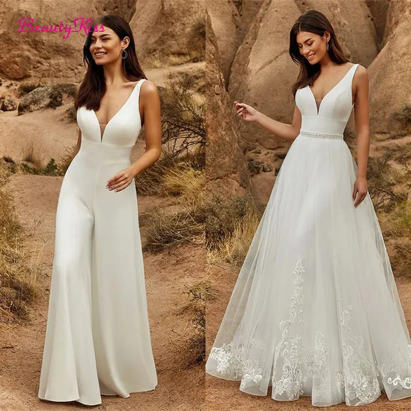 2 In 1 Wedding Jumpsuit With Detachable Skirt Two Pieces Bridal Dresses Pants Suit