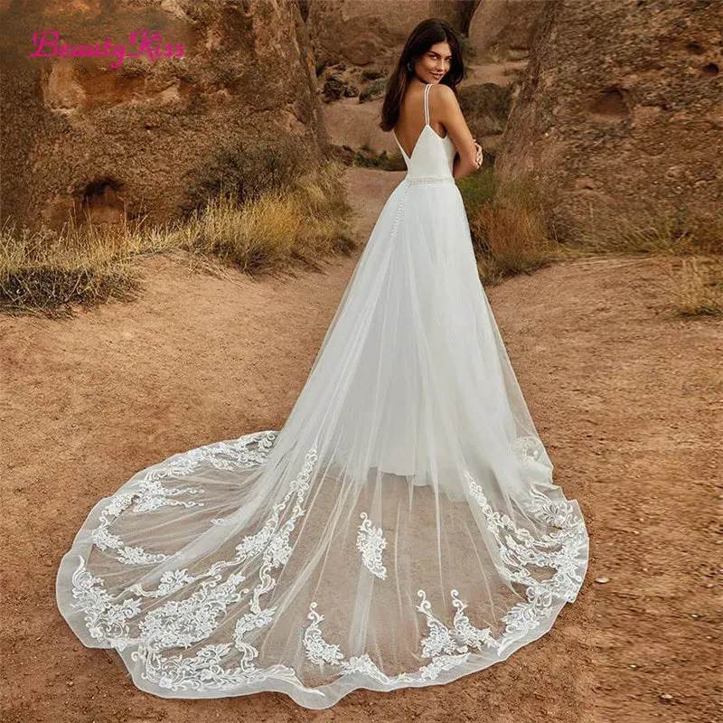 2 In 1 Wedding Jumpsuit With Detachable Skirt Two Pieces Bridal Dresses Pants Suit