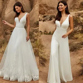 2 In 1 Wedding Jumpsuit With Detachable Skirt Two Pieces Bridal Dresses Pants Suit