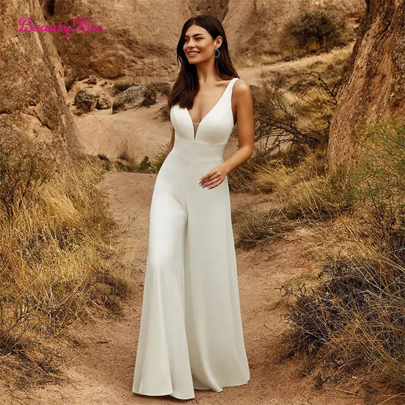 2 In 1 Wedding Jumpsuit With Detachable Skirt Two Pieces Bridal Dresses Pants Suit