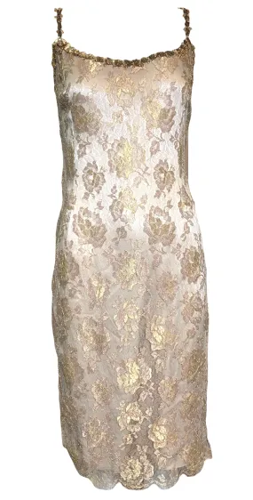 2000s Escada Gold Lace Mini Dress with Embellished Straps