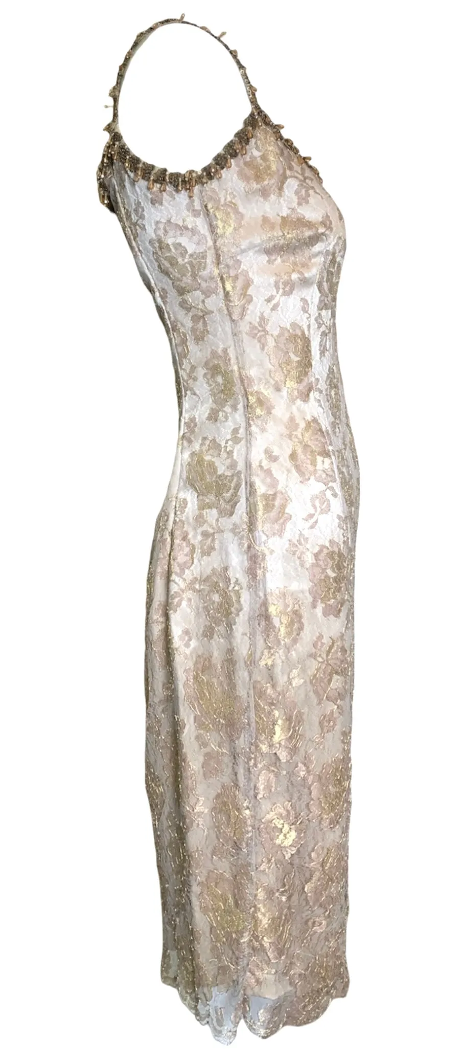 2000s Escada Gold Lace Mini Dress with Embellished Straps