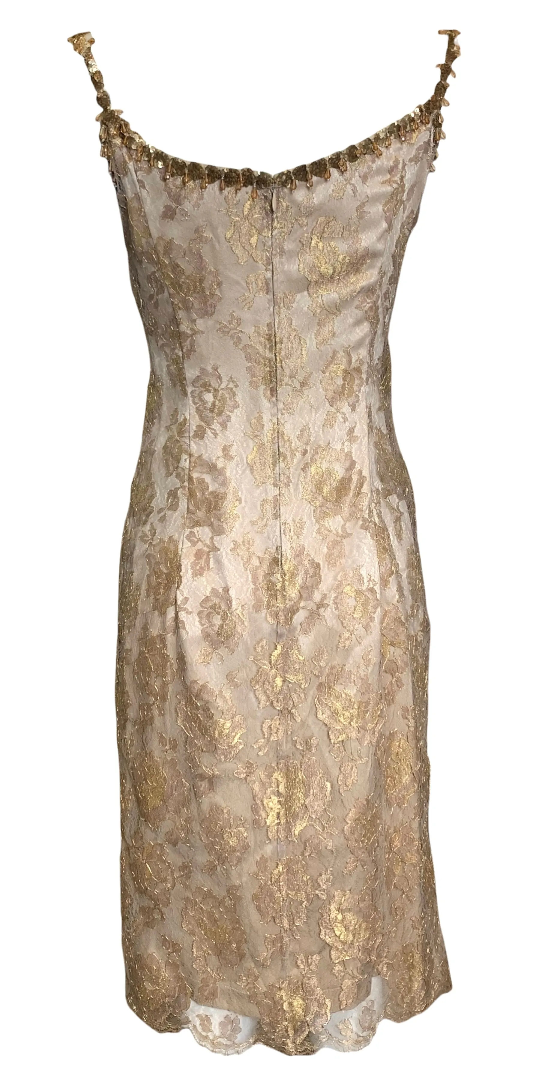 2000s Escada Gold Lace Mini Dress with Embellished Straps