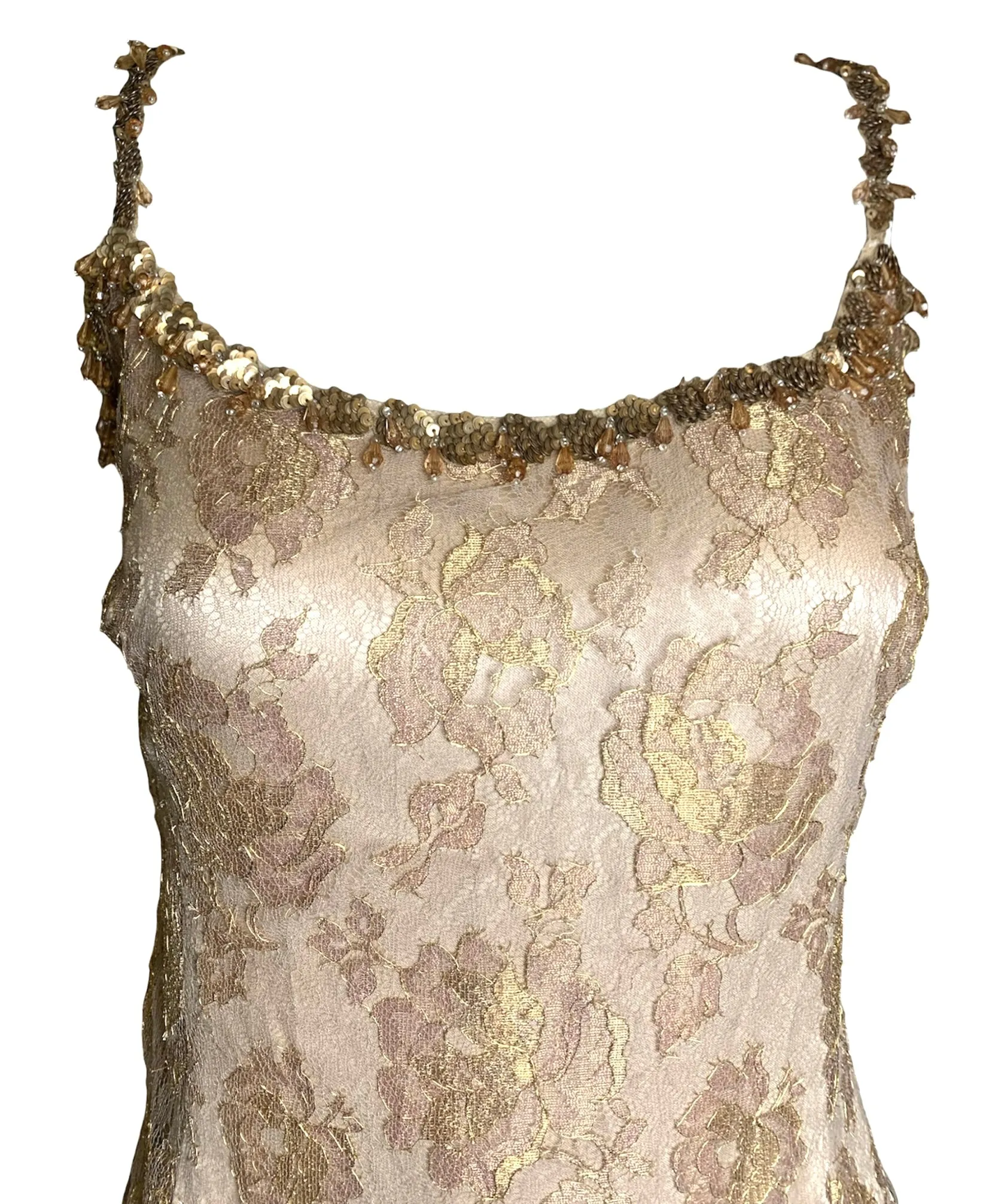 2000s Escada Gold Lace Mini Dress with Embellished Straps