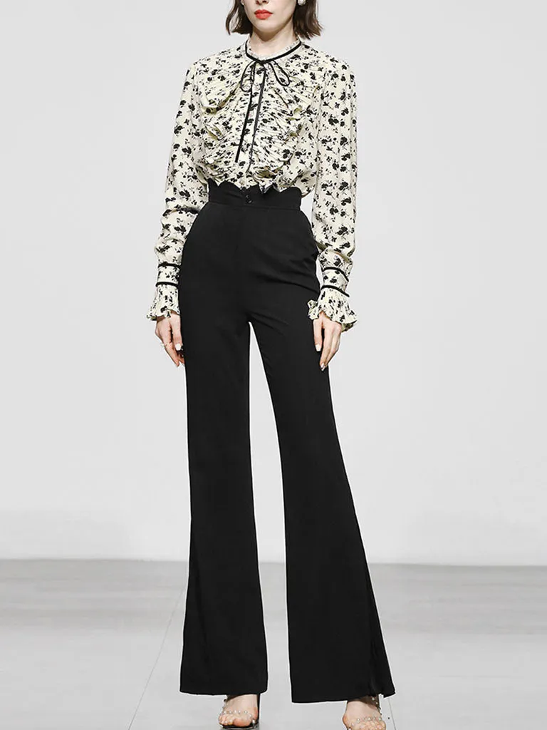 2PS Stand Collar Printed Top And Black Flared Pants Set