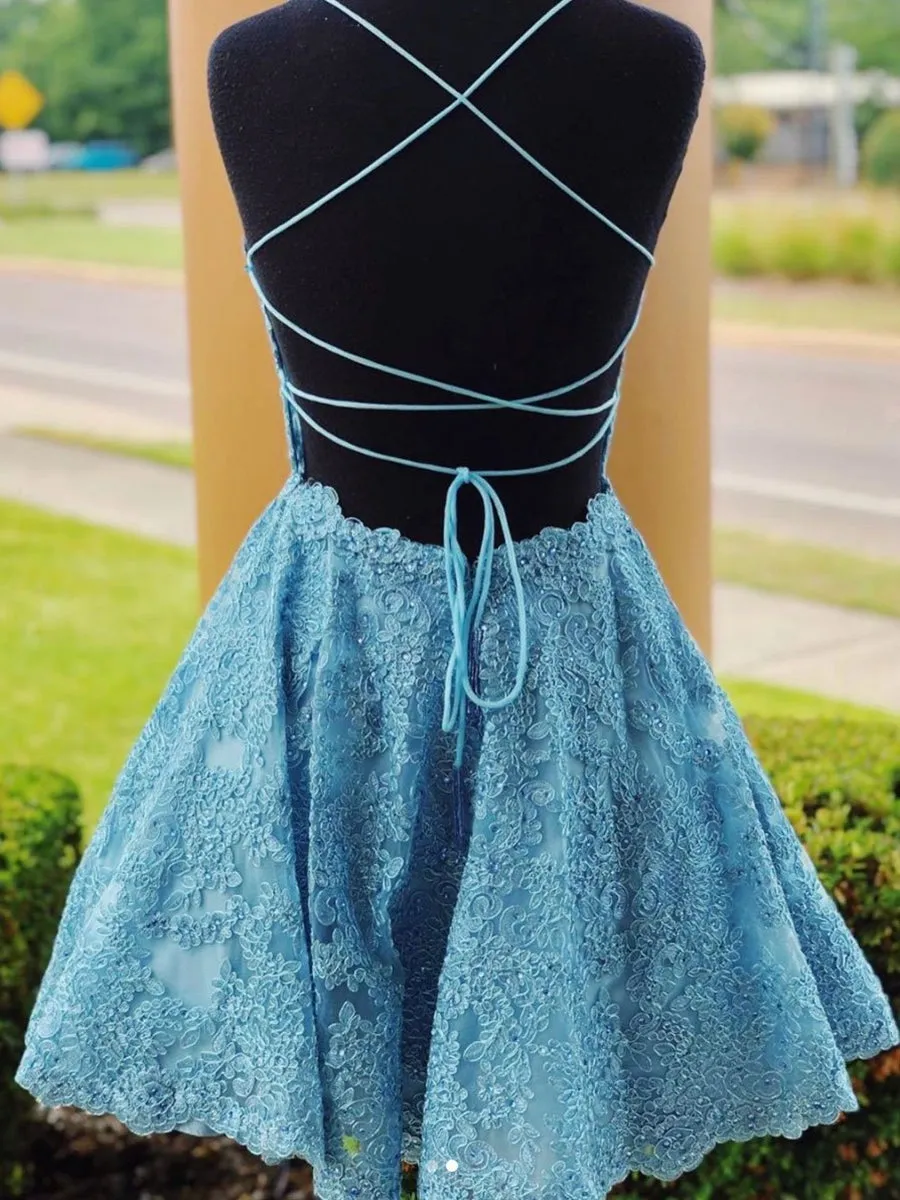 A Line Backless Lace Blue Short Prom Homecoming, Backless Blue Lace Formal Graduation Evening