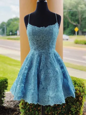 A Line Backless Lace Blue Short Prom Homecoming, Backless Blue Lace Formal Graduation Evening