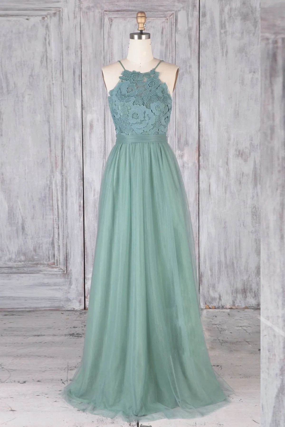 A Line Backless Lace Green Long Prom Dresses, Backless Green Lace Formal Graduation Evening Dresses