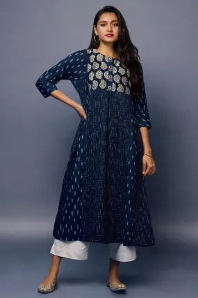 a-line kalidar kurta - Sapphire Night & Silver Blooms