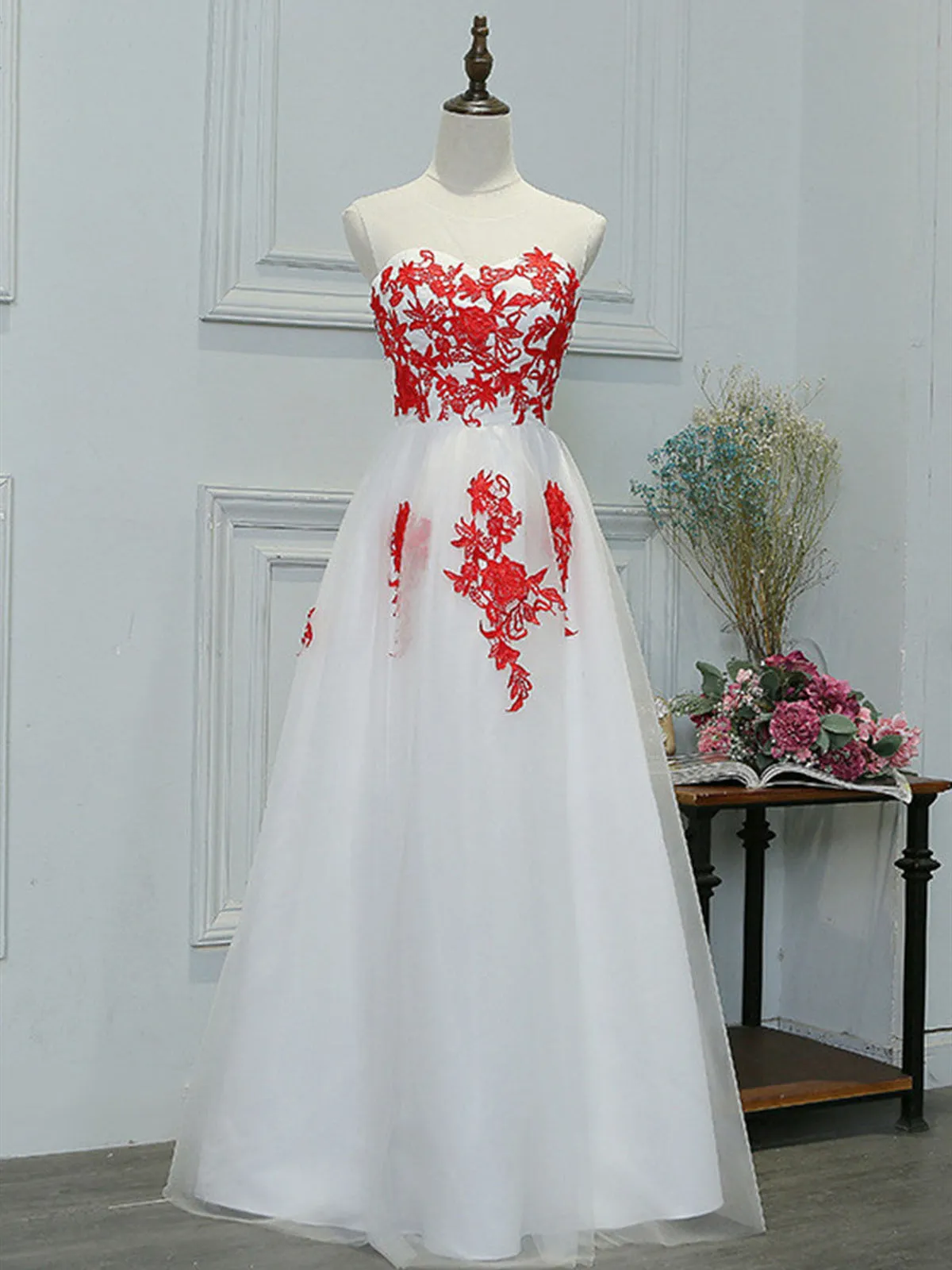 A Line Round Neck Red Lace Appliques White Prom Dresses, Lace White Formal Dresses, Lace Appliques White Graduation Dresses