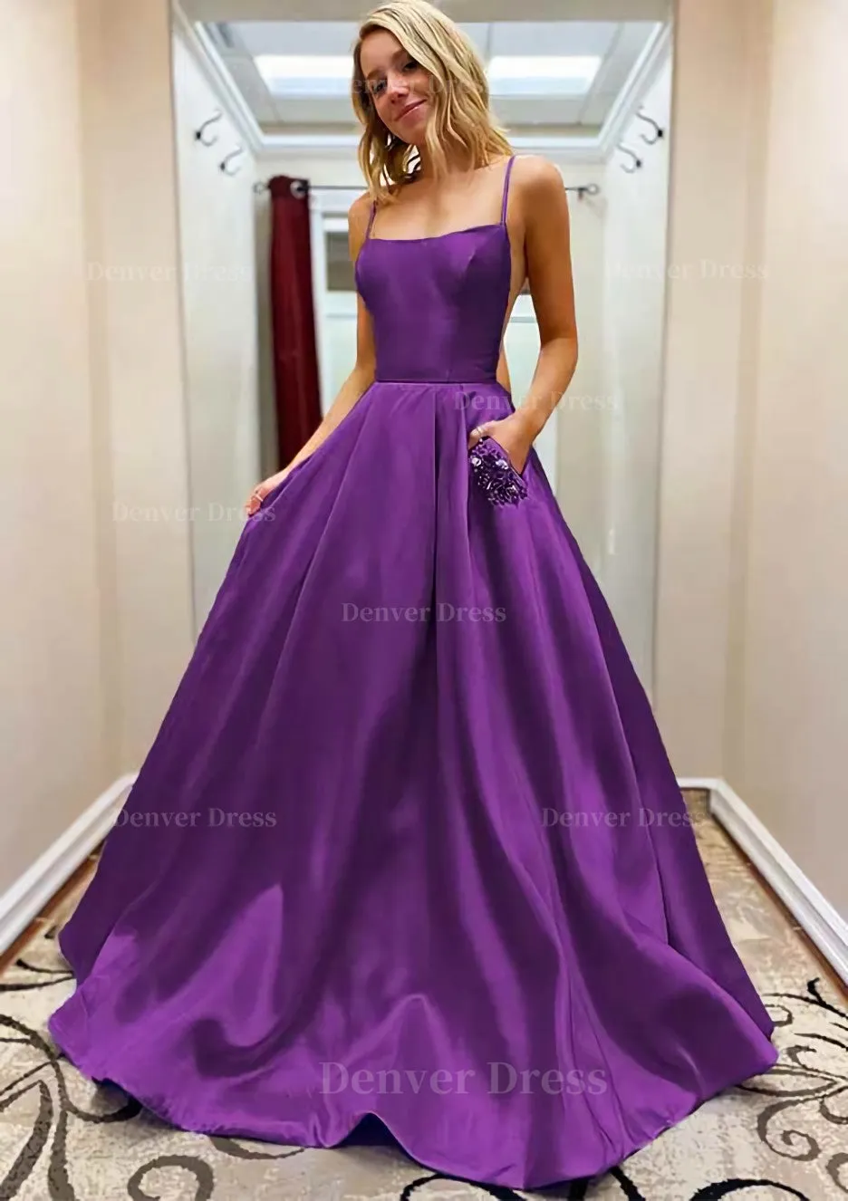 A-line Square Neckline Spaghetti Straps Sweep Train Satin Prom Dress With Beading Pockets