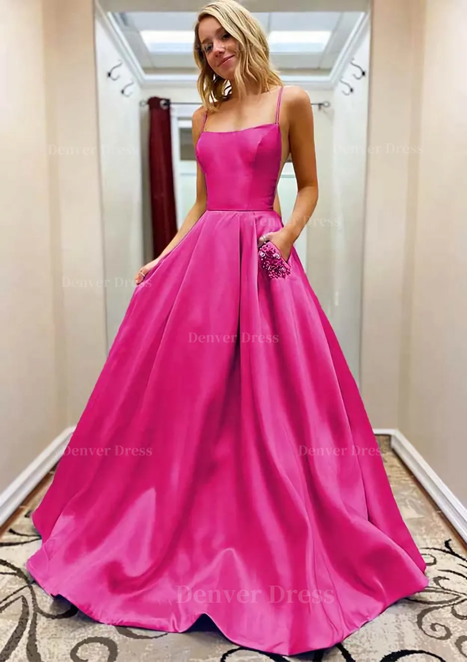 A-line Square Neckline Spaghetti Straps Sweep Train Satin Prom Dress With Beading Pockets