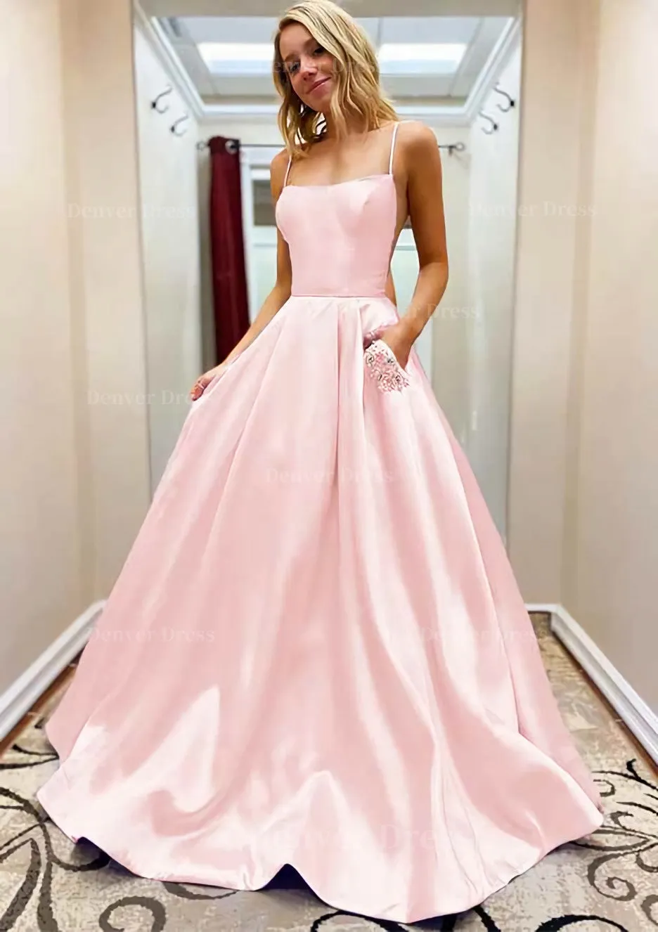 A-line Square Neckline Spaghetti Straps Sweep Train Satin Prom Dress With Beading Pockets