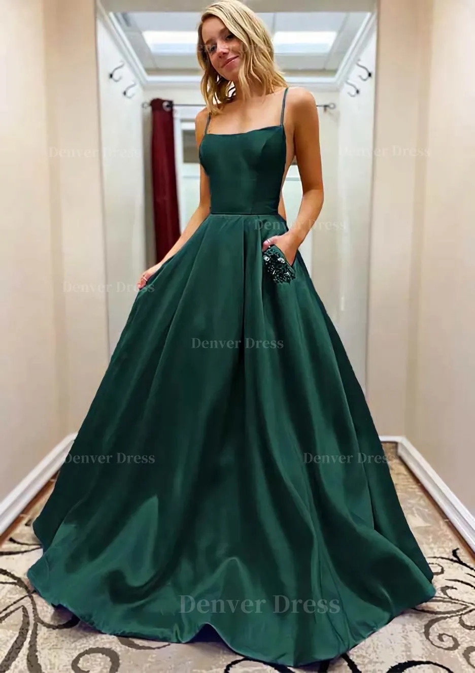 A-line Square Neckline Spaghetti Straps Sweep Train Satin Prom Dress With Beading Pockets