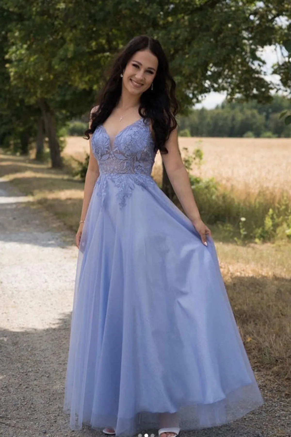 A Line V Neck Backless Blue Lace Long Prom Dress, Blue Lace Formal Dress, Blue Evening Dress A1682