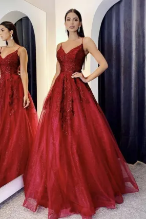 A Line V Neck Backless Burgundy Lace Long Prom Dress, Burgundy Lace Formal Graduation Evening Dress A1321