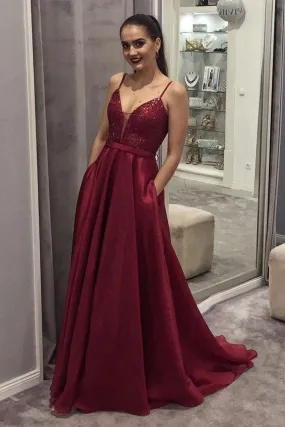 A Line V Neck Burgundy Sequins Long Prom Dress, Long Burgundy Formal Graduation Evening Dress A2002