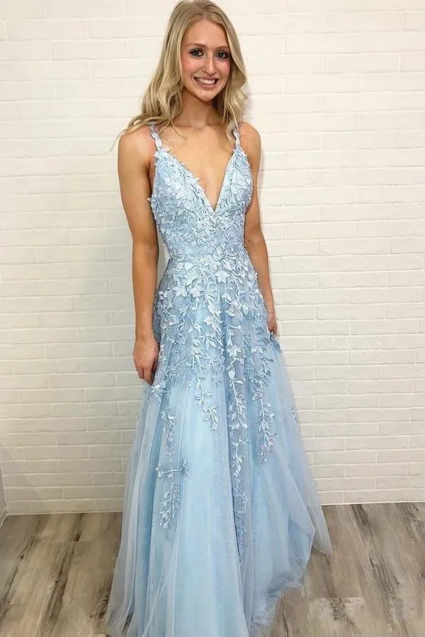 A Line V Neck Lace Sky Blue Long Prom, Sky Blue Lace Formal, V Neck Sky Blue Evening