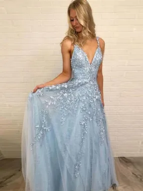 A Line V Neck Lace Sky Blue Long Prom, Sky Blue Lace Formal, V Neck Sky Blue Evening