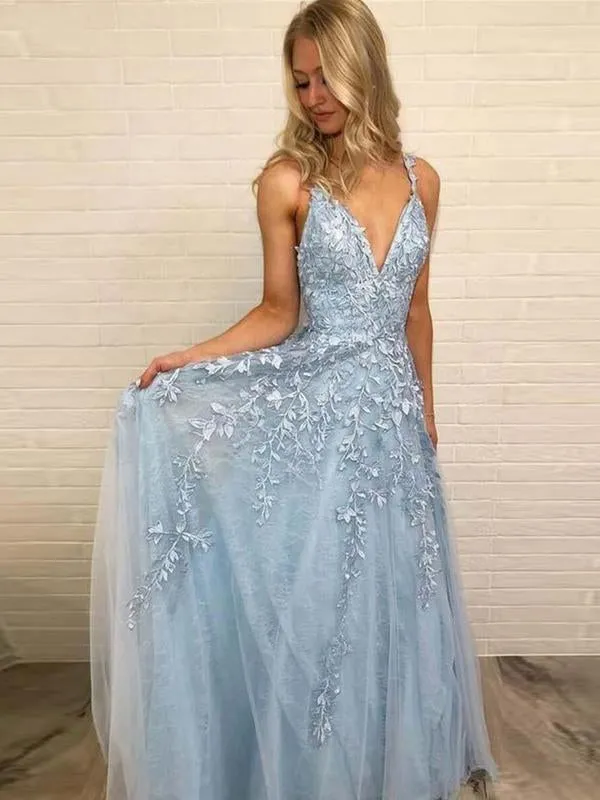 A Line V Neck Lace Sky Blue Long Prom, Sky Blue Lace Formal, V Neck Sky Blue Evening