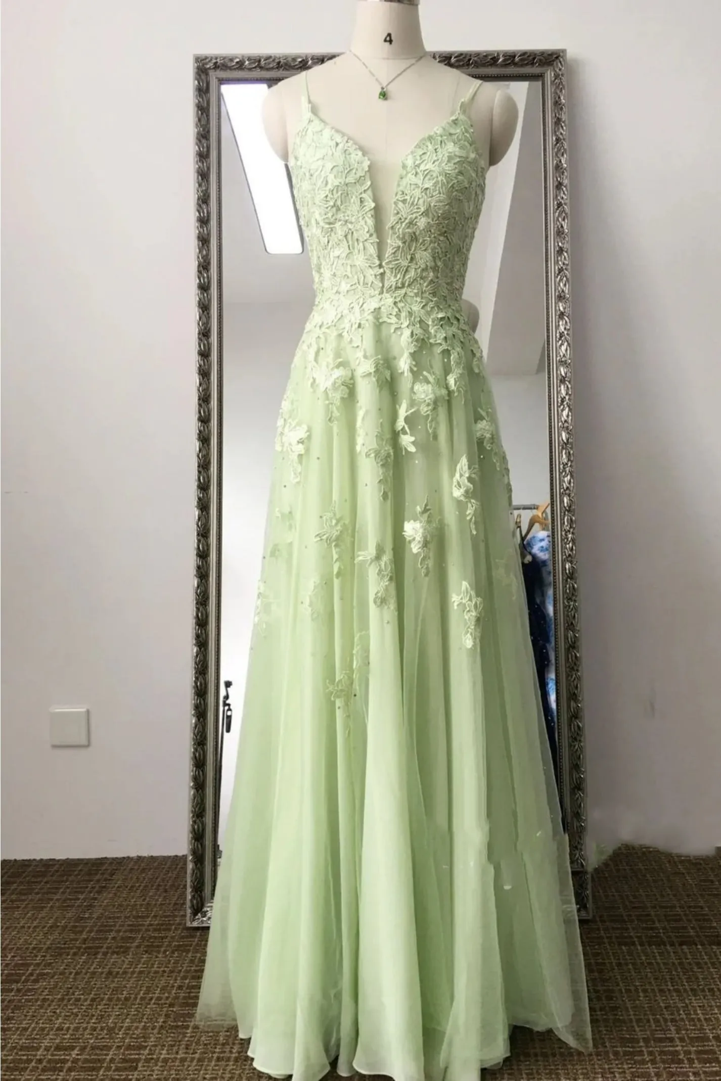 A Line V Neck Open Back Green Lace Long Prom Dress, Green Lace Formal Dress, Green Evening Dress with Appliques A2231