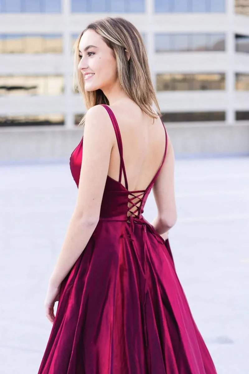 A Line V Neck Open Back Long Burgundy Prom Dress with High Slit, V Neck Burgundy Formal Graduation Evening Dress