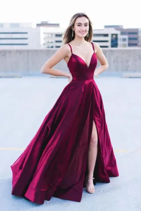 A Line V Neck Open Back Long Burgundy Prom Dress with High Slit, V Neck Burgundy Formal Graduation Evening Dress