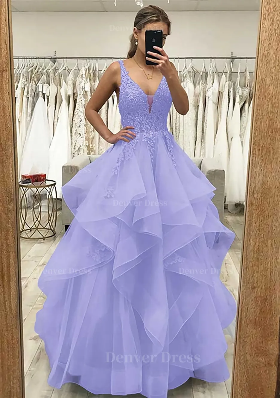 A-line V Neck Sleeveless Long/Floor-Length Tulle Satin Prom Dress With Lace Appliqued