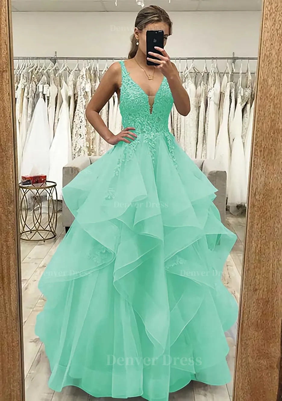 A-line V Neck Sleeveless Long/Floor-Length Tulle Satin Prom Dress With Lace Appliqued