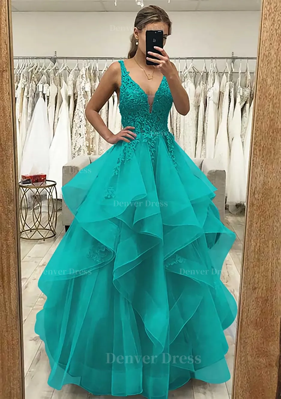 A-line V Neck Sleeveless Long/Floor-Length Tulle Satin Prom Dress With Lace Appliqued