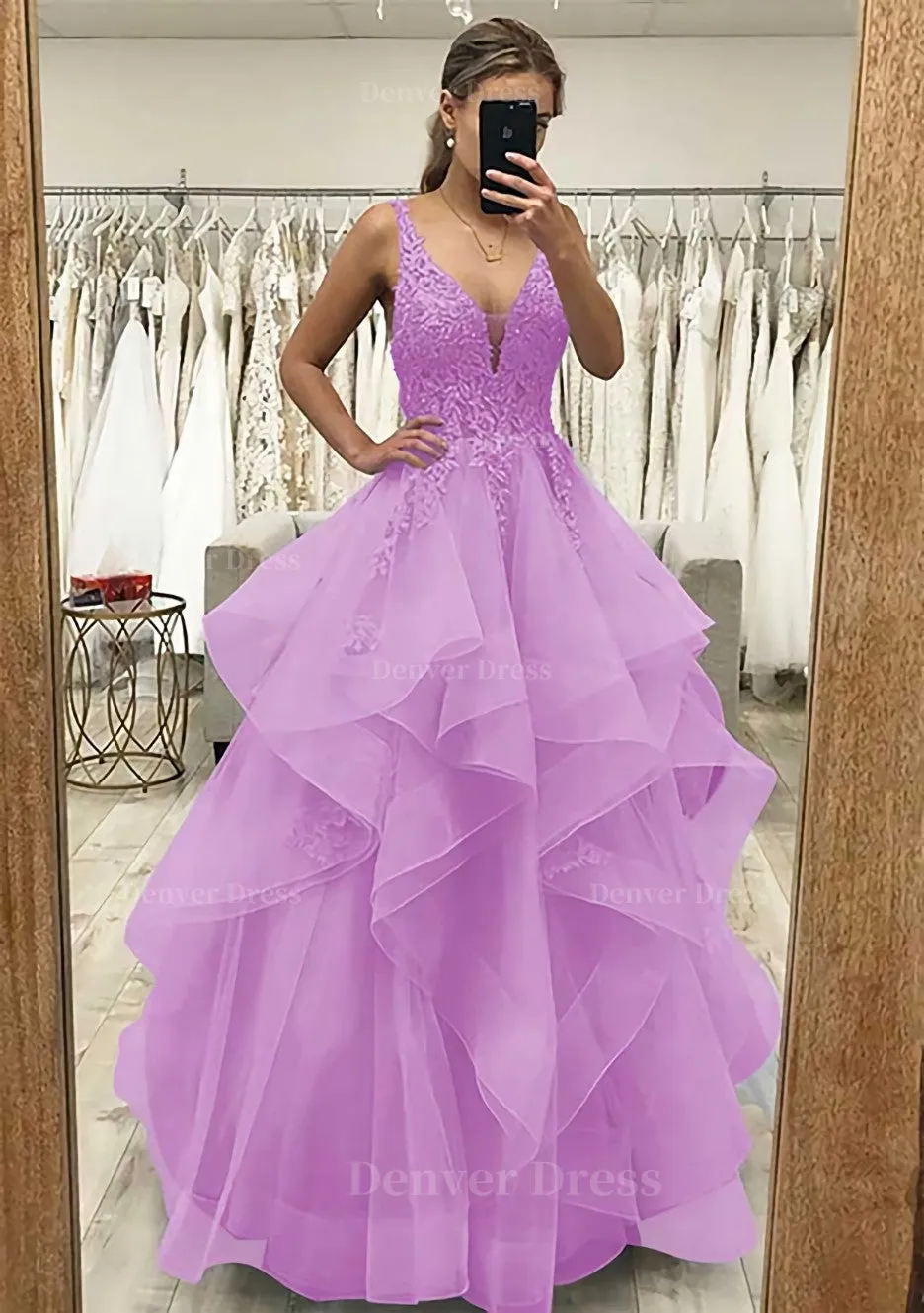 A-line V Neck Sleeveless Long/Floor-Length Tulle Satin Prom Dress With Lace Appliqued