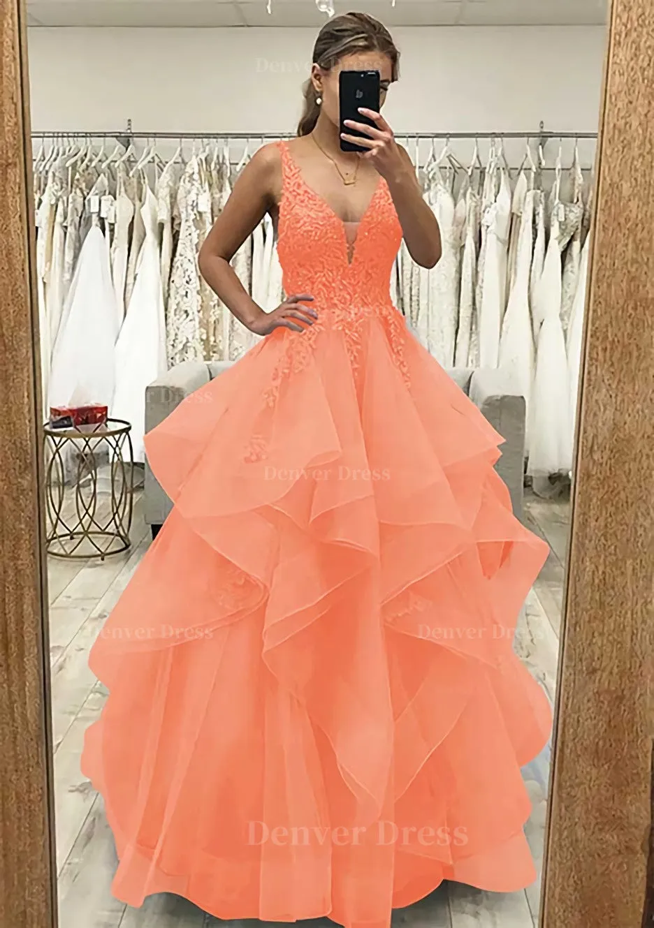 A-line V Neck Sleeveless Long/Floor-Length Tulle Satin Prom Dress With Lace Appliqued