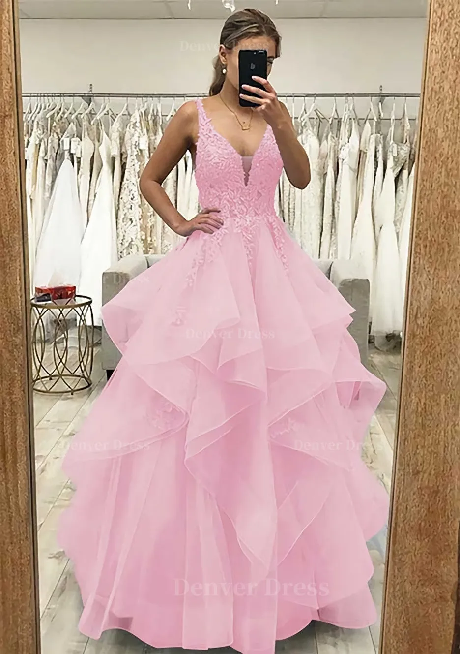 A-line V Neck Sleeveless Long/Floor-Length Tulle Satin Prom Dress With Lace Appliqued