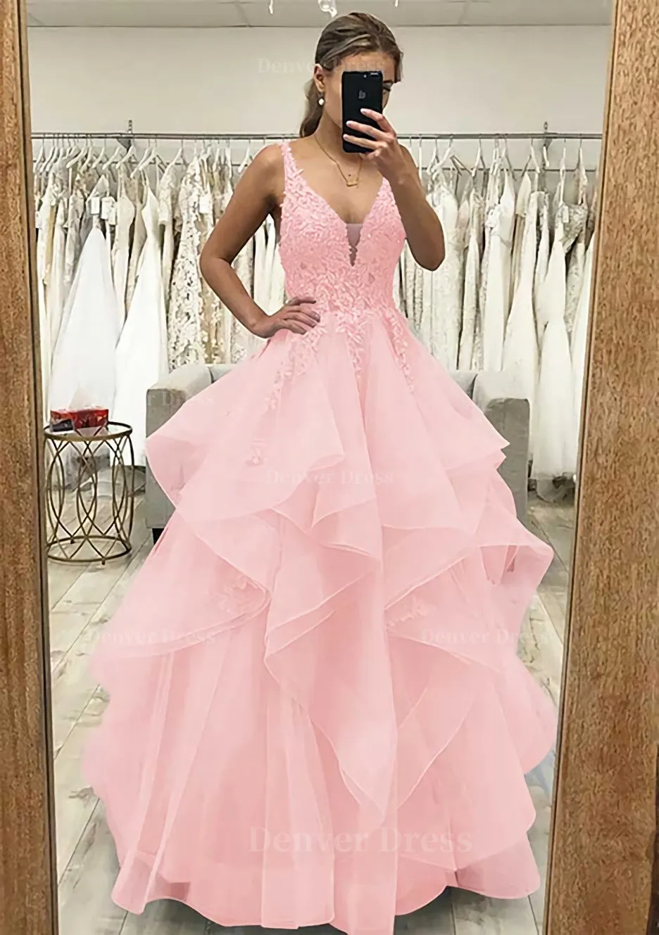 A-line V Neck Sleeveless Long/Floor-Length Tulle Satin Prom Dress With Lace Appliqued