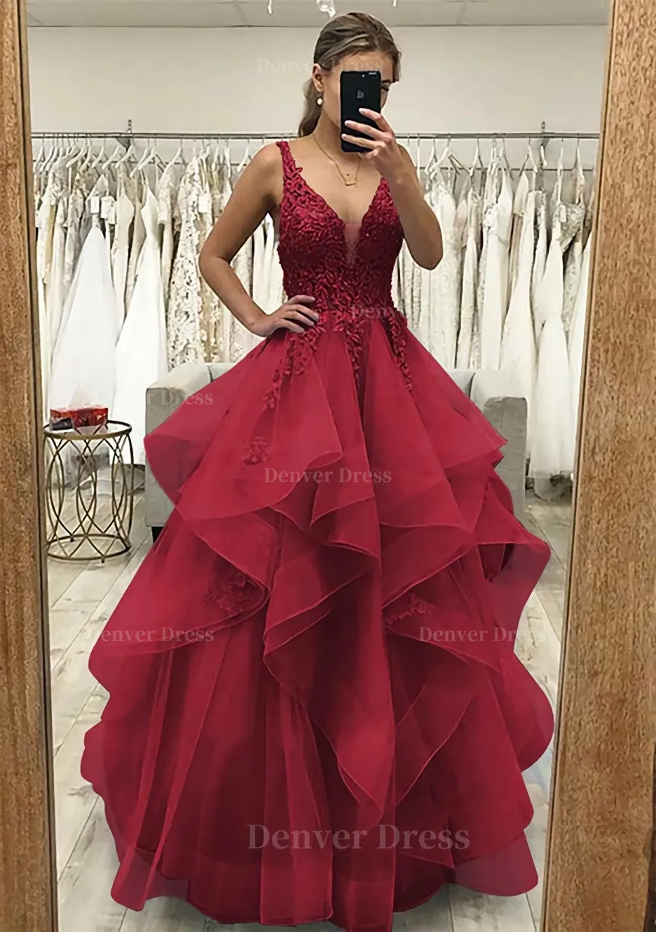 A-line V Neck Sleeveless Long/Floor-Length Tulle Satin Prom Dress With Lace Appliqued