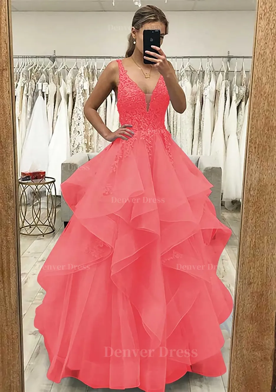 A-line V Neck Sleeveless Long/Floor-Length Tulle Satin Prom Dress With Lace Appliqued