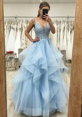 A-line V Neck Sleeveless Long/Floor-Length Tulle Satin Prom Dress With Lace Appliqued