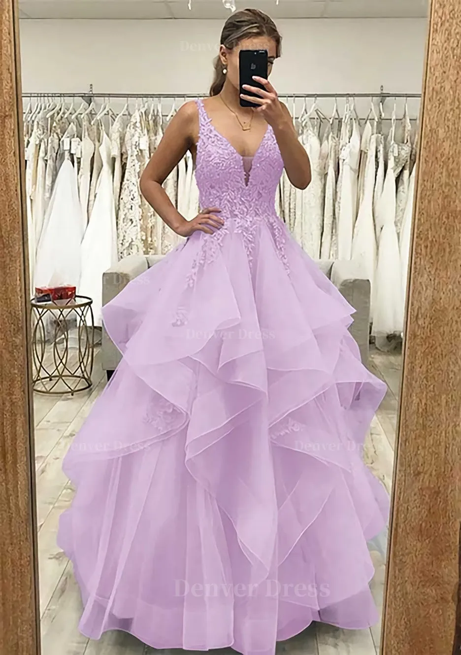 A-line V Neck Sleeveless Long/Floor-Length Tulle Satin Prom Dress With Lace Appliqued