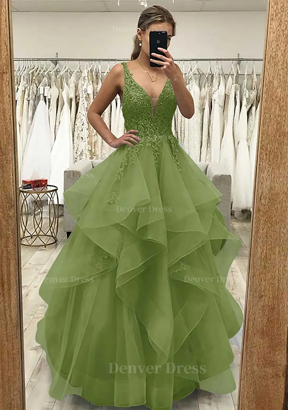 A-line V Neck Sleeveless Long/Floor-Length Tulle Satin Prom Dress With Lace Appliqued